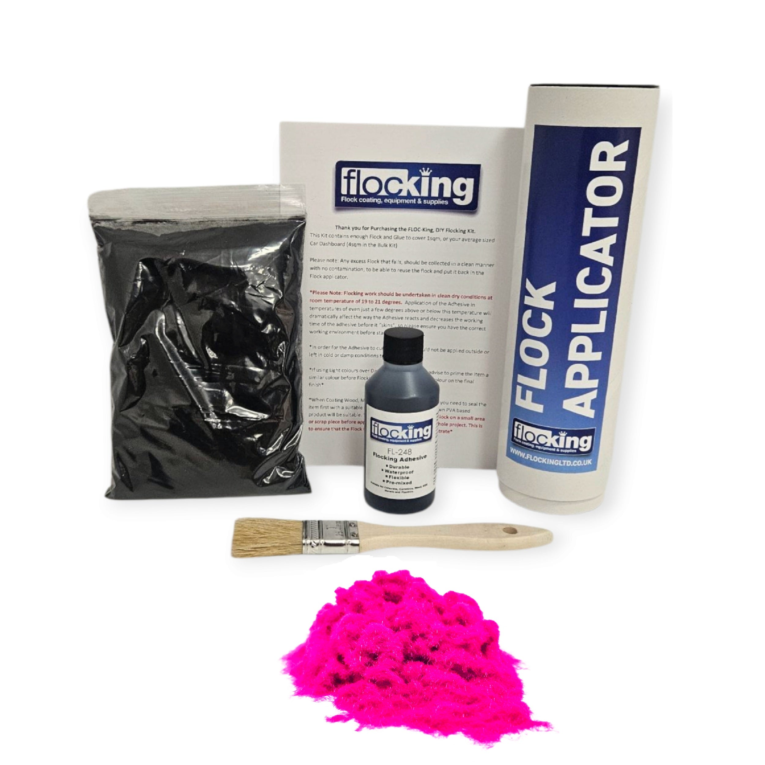 Small DIY Flocking Kit with Flocking Fibres in Fluorescent Pink colour, 50ml Flocking Adhesives pre pigmented to the same colour as the flock, a manual tube flocking applicator, brush and full instruction guide. 