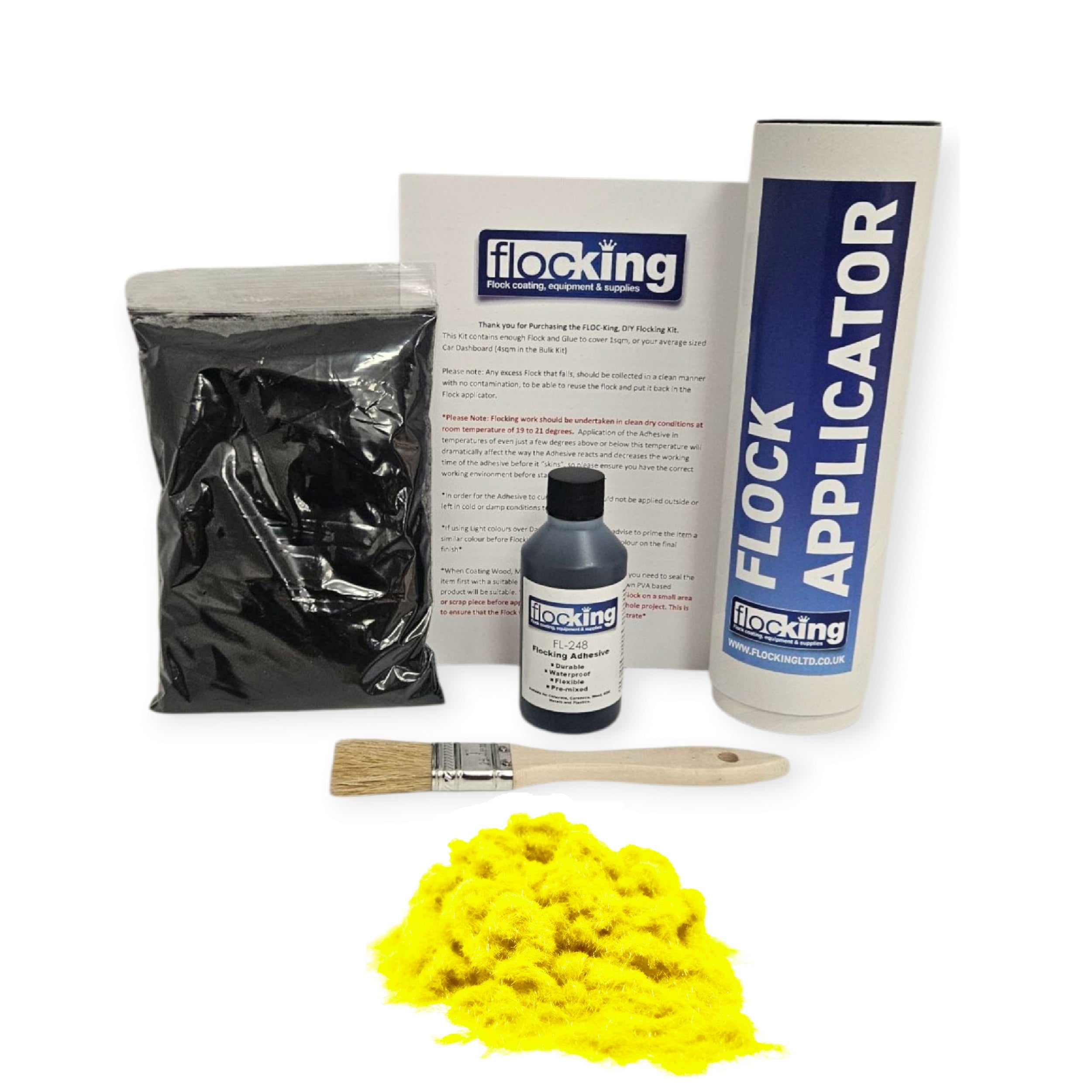 Small DIY Flocking Kit with Flocking Fibres in Fluorescent Yellow colour, 50ml Flocking Adhesives pre pigmented to the same colour as the flock, a manual tube flocking applicator, brush and full instruction guide. 