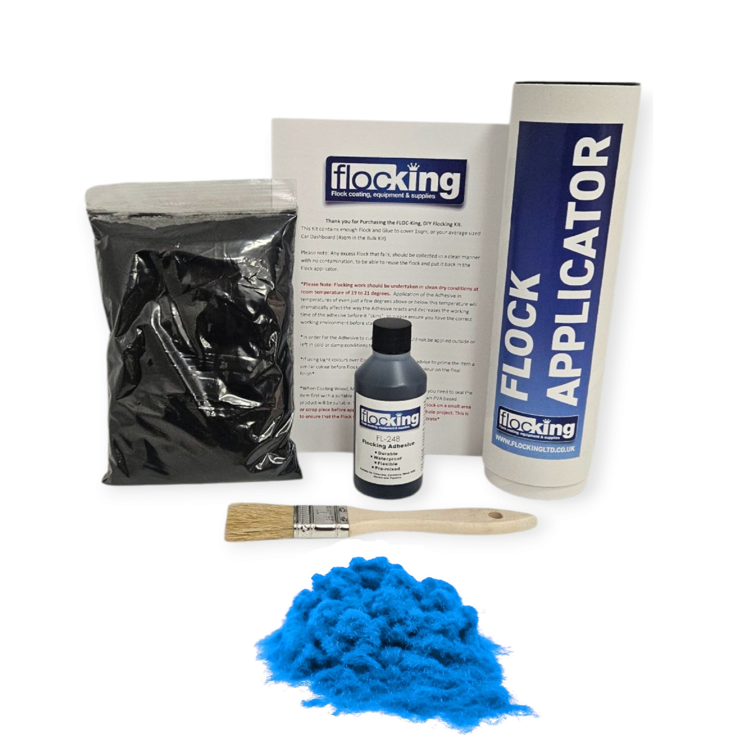 Small DIY Flocking Kit with Flocking Fibres in French Blue colour, 50ml Flocking Adhesives pre pigmented to the same colour as the flock, a manual tube flocking applicator, brush and full instruction guide. 