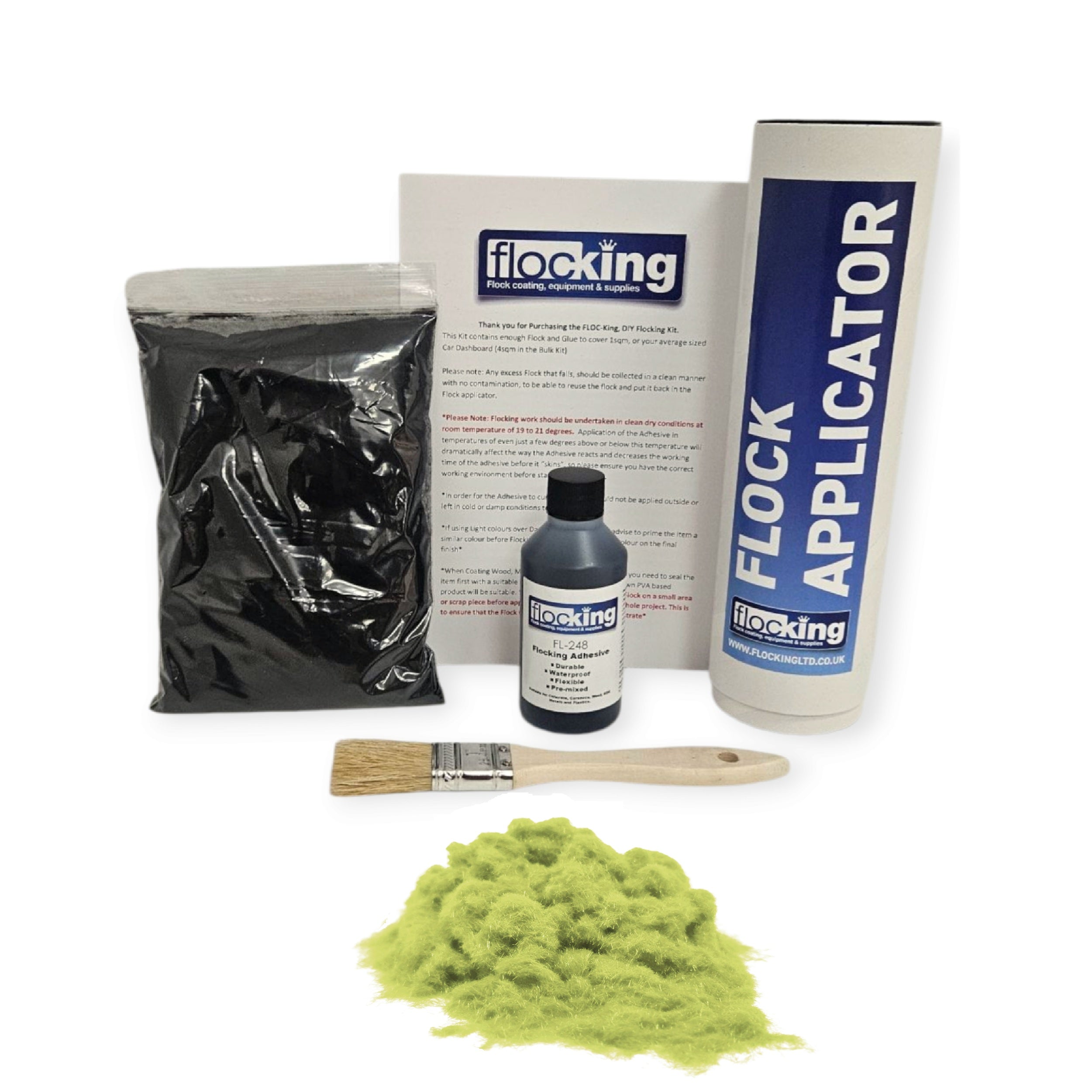 Small DIY Flocking Kit with Flocking Fibres in Gooseberry Green colour, 50ml Flocking Adhesives pre pigmented to the same colour as the flock, a manual tube flocking applicator, brush and full instruction guide. 