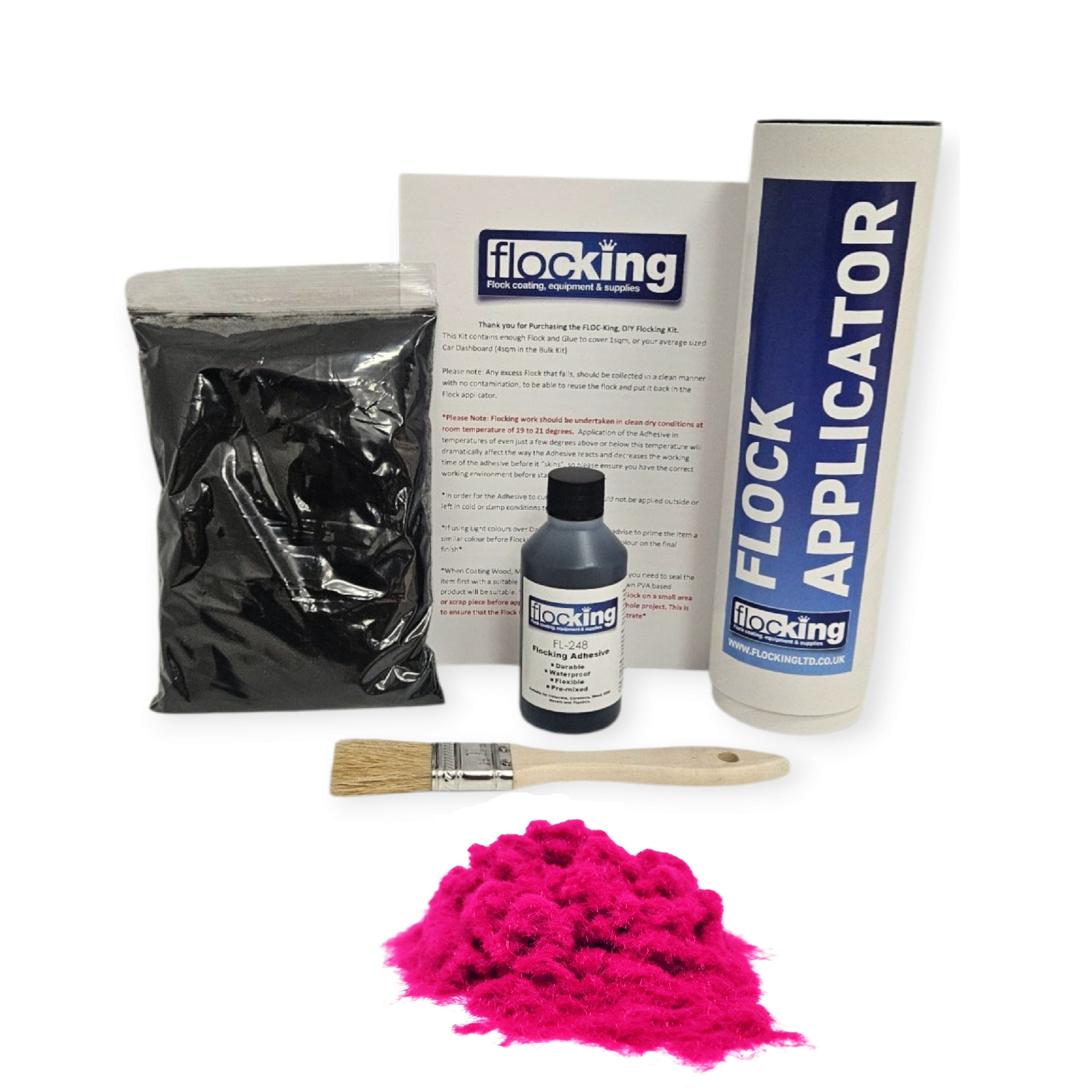 Small DIY Flocking Kit with Flocking Fibres in Hot Pink colour, 50ml Flocking Adhesives pre pigmented to the same colour as the flock, a manual tube flocking applicator, brush and full instruction guide. 