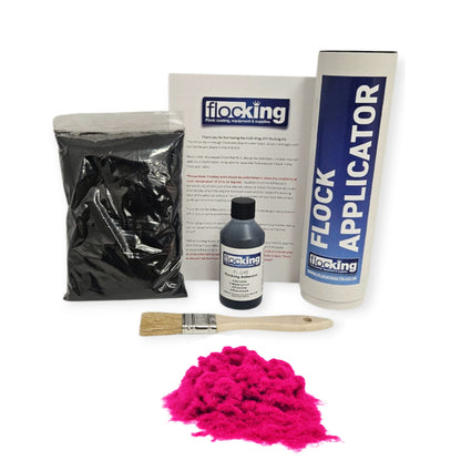 Small DIY Flocking Kit with Flocking Fibres in Hot Pink colour, 50ml Flocking Adhesives pre pigmented to the same colour as the flock, a manual tube flocking applicator, brush and full instruction guide. 