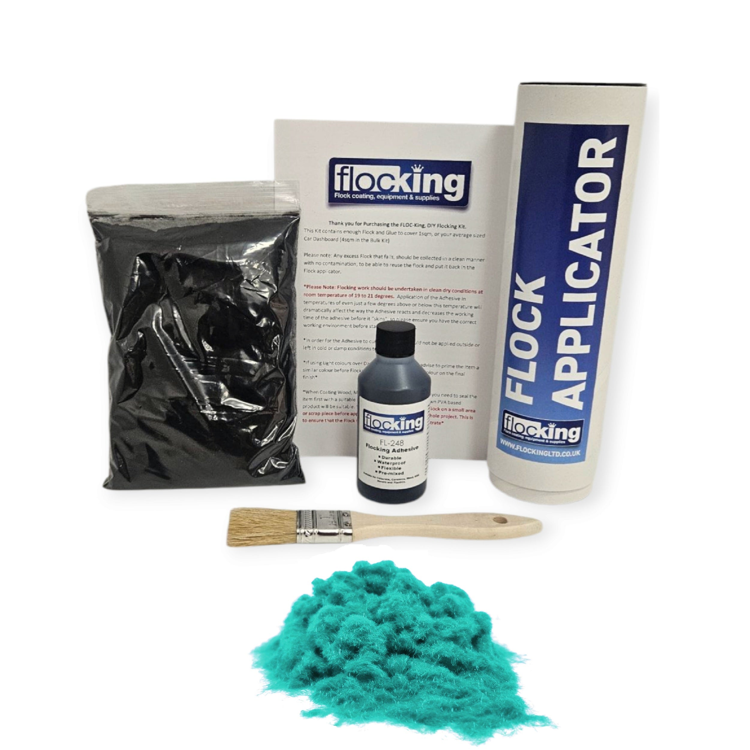 Small DIY Flocking Kit with Flocking Fibres in Light Turquoise colour, 50ml Flocking Adhesives pre pigmented to the same colour as the flock, a manual tube flocking applicator, brush and full instruction guide. 