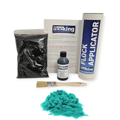 Small DIY Flocking Kit with Flocking Fibres in Light Turquoise colour, 50ml Flocking Adhesives pre pigmented to the same colour as the flock, a manual tube flocking applicator, brush and full instruction guide. 