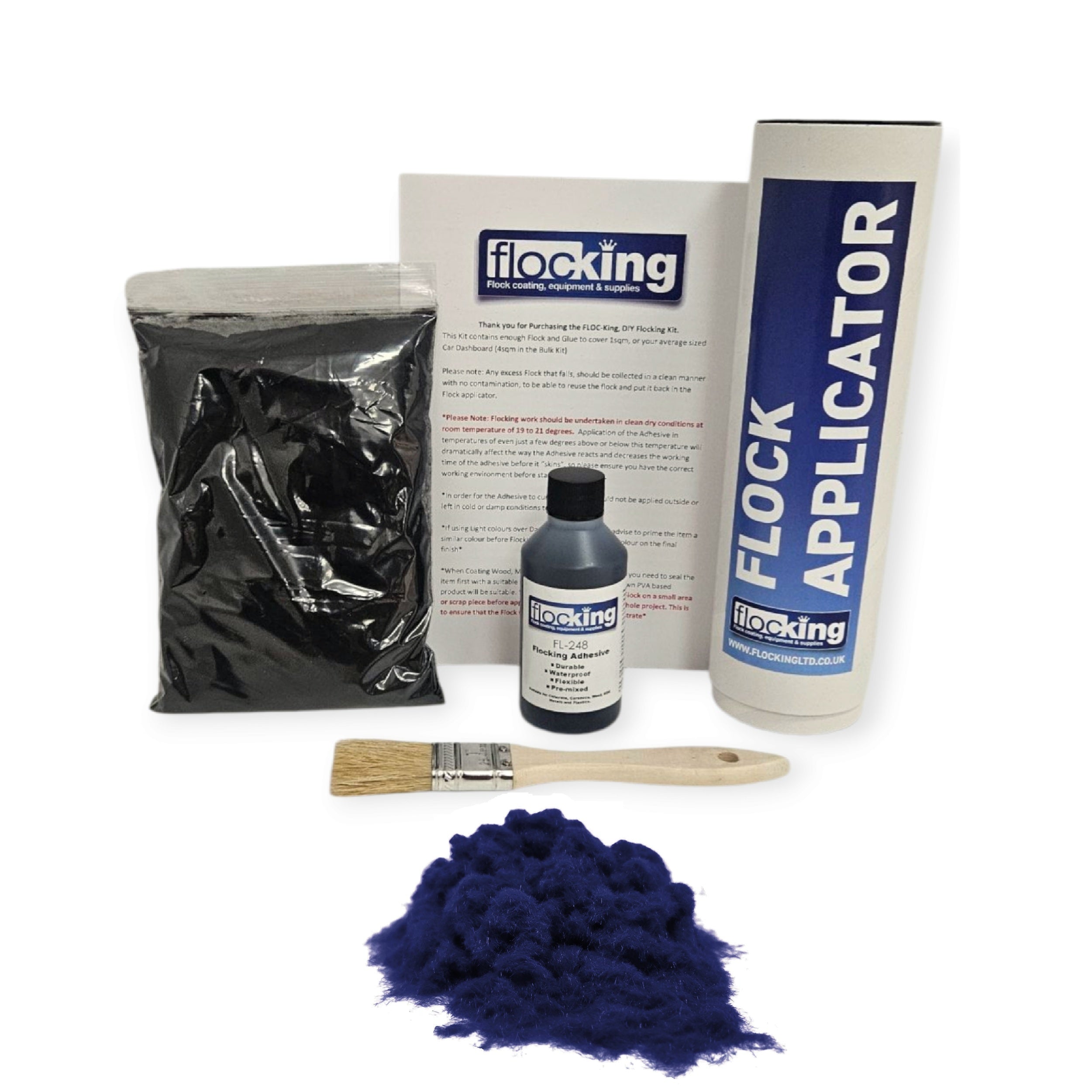 Small DIY Flocking Kit with Flocking Fibres in Navy Blue colour, 50ml Flocking Adhesives pre pigmented to the same colour as the flock, a manual tube flocking applicator, brush and full instruction guide. 