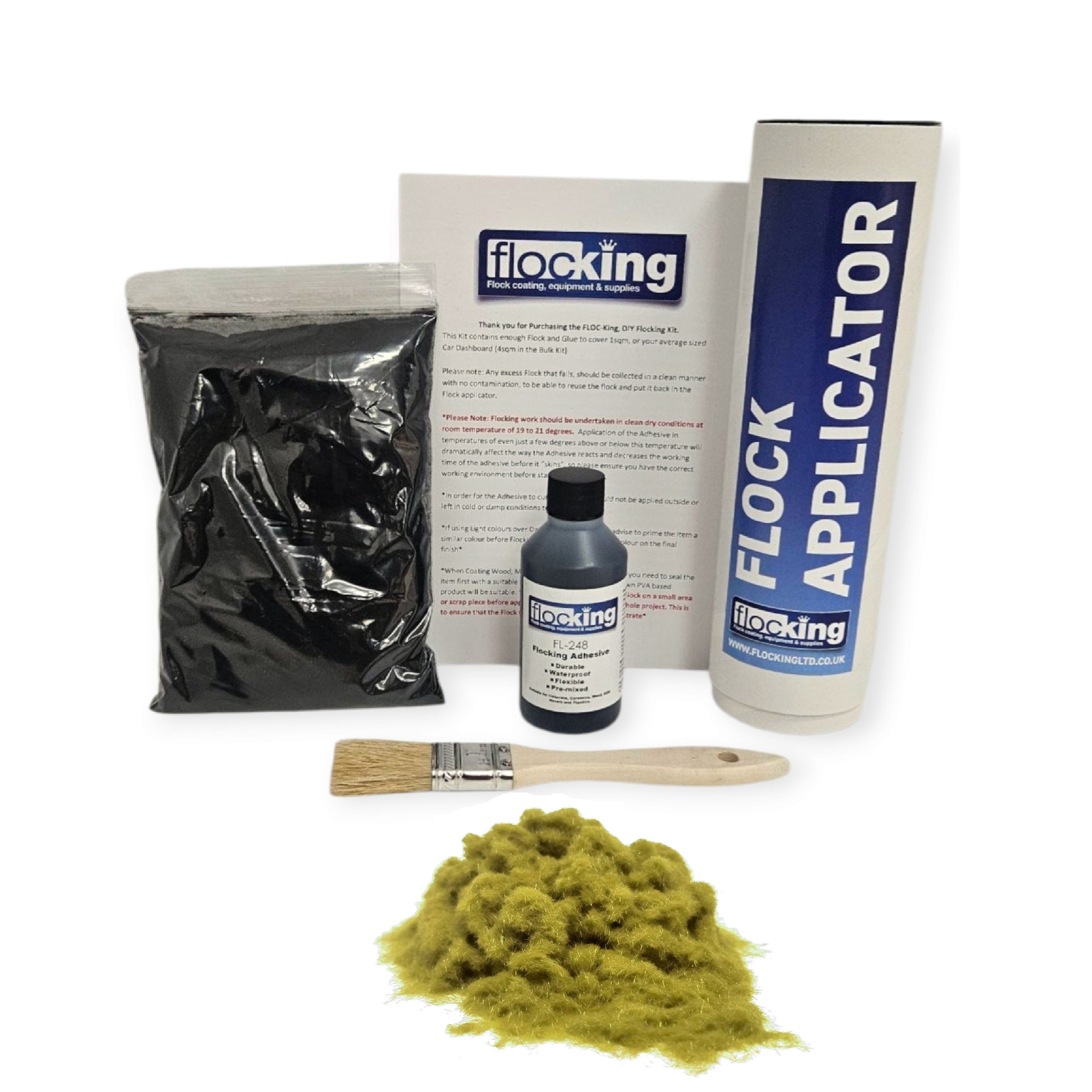 Small DIY Flocking Kit with Flocking Fibres in Olive Green colour, 50ml Flocking Adhesives pre pigmented to the same colour as the flock, a manual tube flocking applicator, brush and full instruction guide. 