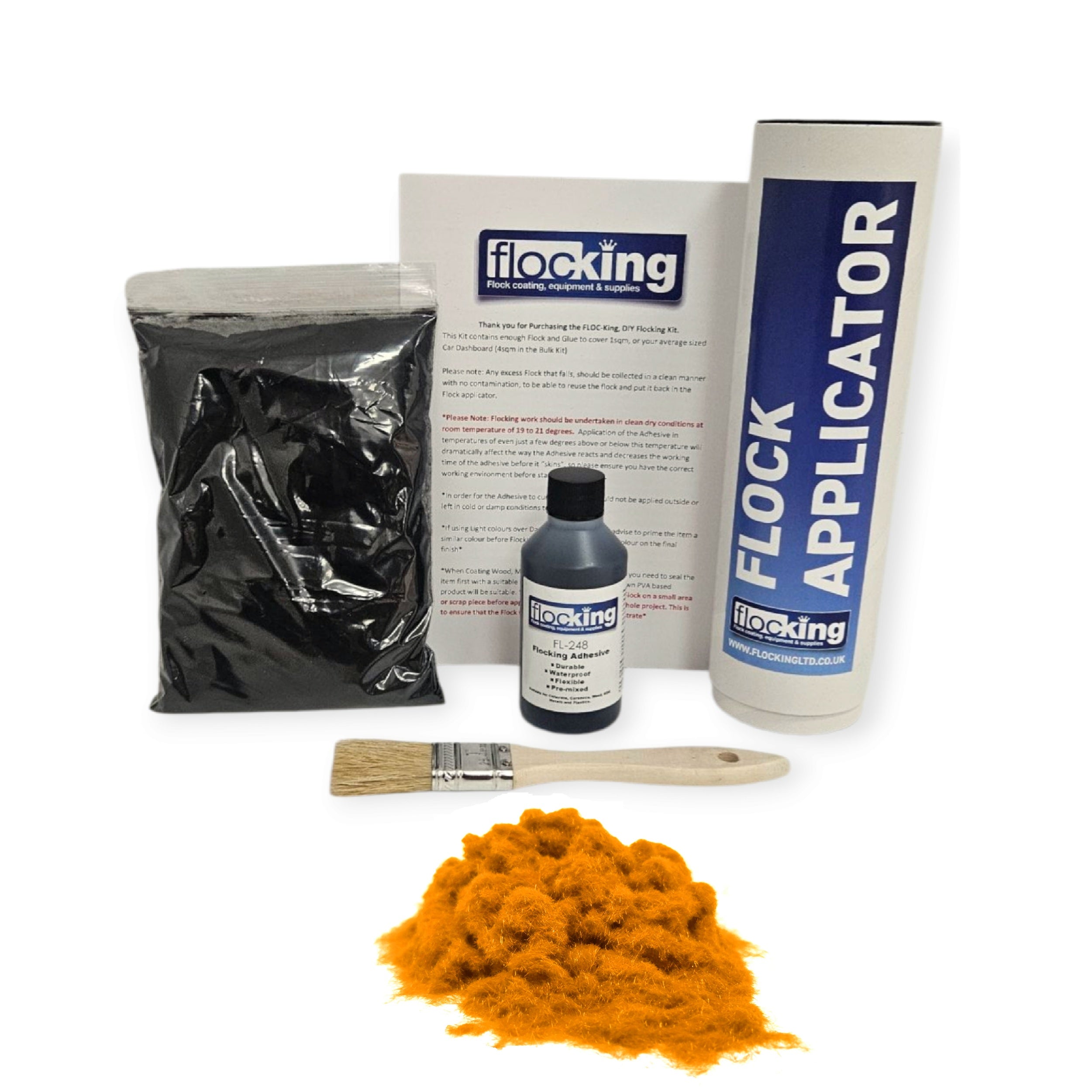 Small DIY Flocking Kit with Flocking Fibres in Oro Gold colour, 50ml Flocking Adhesives pre pigmented to the same colour as the flock, a manual tube flocking applicator, brush and full instruction guide. 