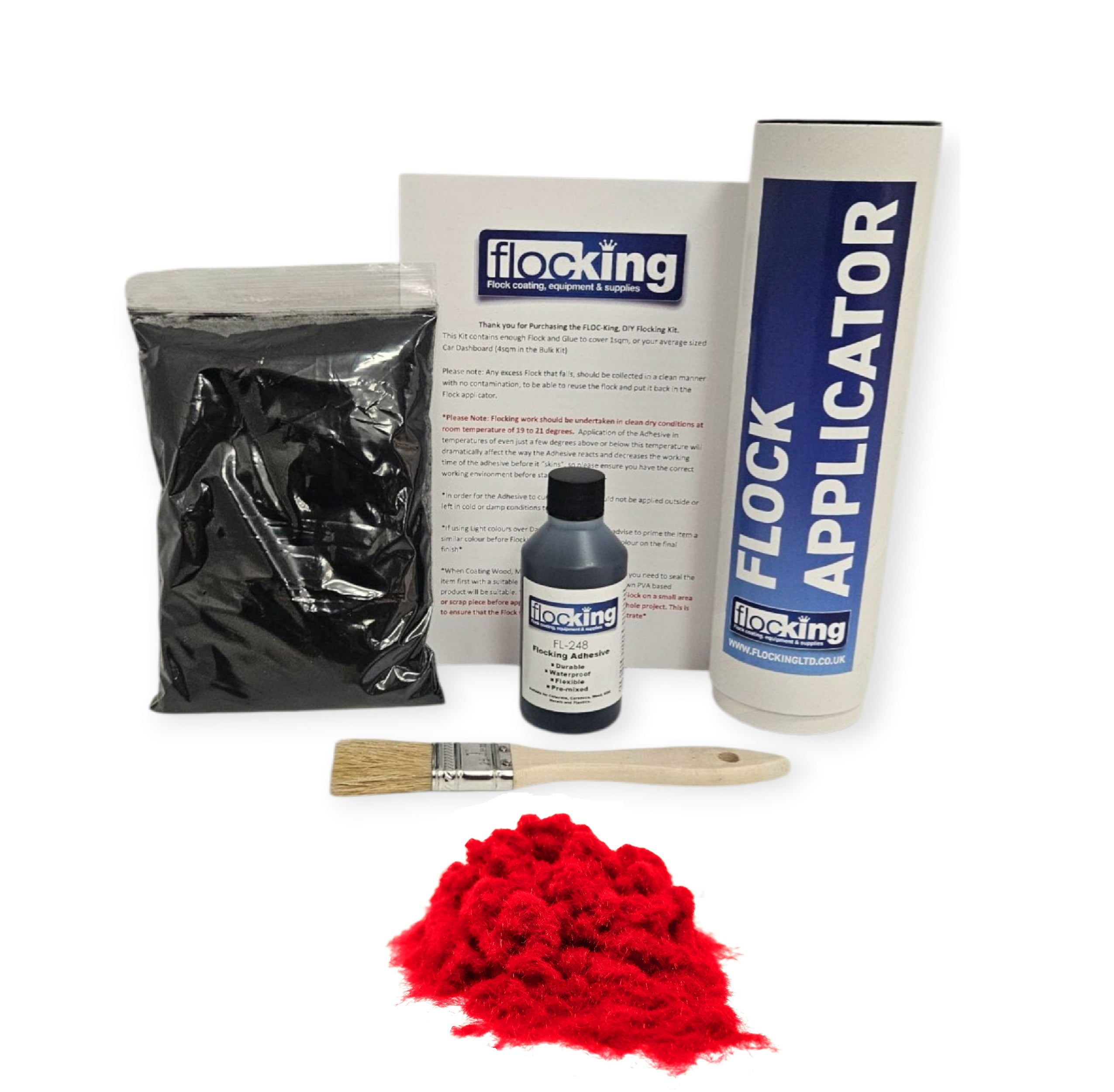 Small DIY Flocking Kit with Flocking Fibres in Pillar Box Red colour, 50ml Flocking Adhesives pre pigmented to the same colour as the flock, a manual tube flocking applicator, brush and full instruction guide. 