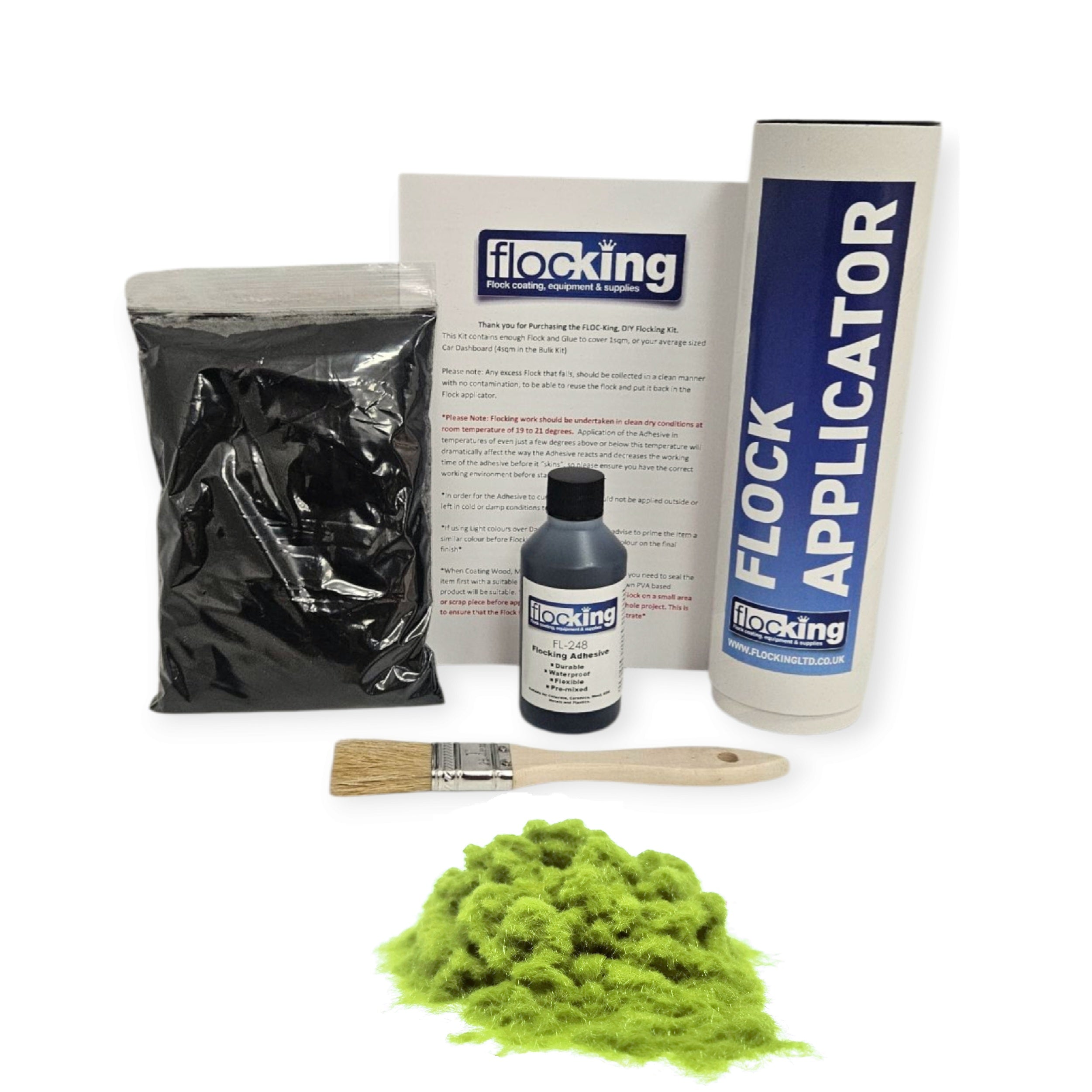 Small DIY Flocking Kit with Flocking Fibres in Pistachio Green colour, 50ml Flocking Adhesives pre pigmented to the same colour as the flock, a manual tube flocking applicator, brush and full instruction guide. 