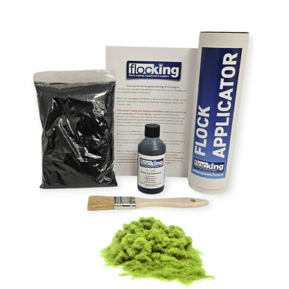 Small DIY Flocking Kit with Flocking Fibres in Pistachio Green colour, 50ml Flocking Adhesives pre pigmented to the same colour as the flock, a manual tube flocking applicator, brush and full instruction guide. 