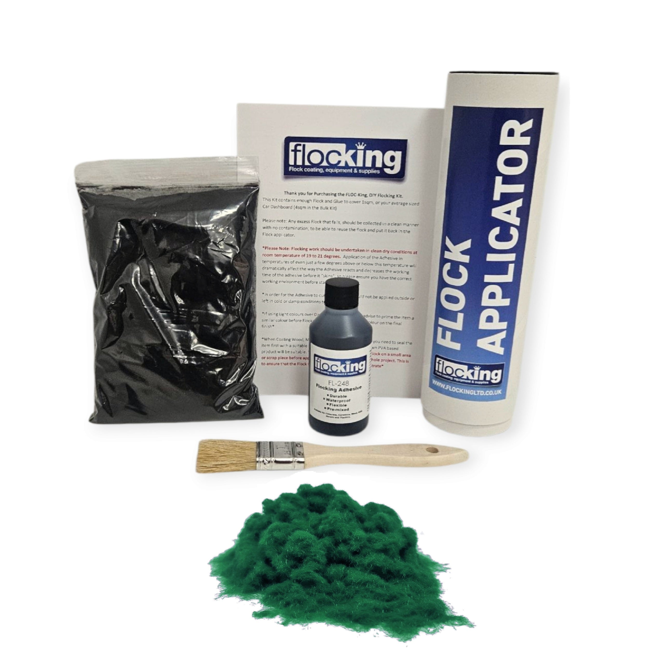 Small DIY Flocking Kit with Flocking Fibres in Racing Green colour, 50ml Flocking Adhesives pre pigmented to the same colour as the flock, a manual tube flocking applicator, brush and full instruction guide. 