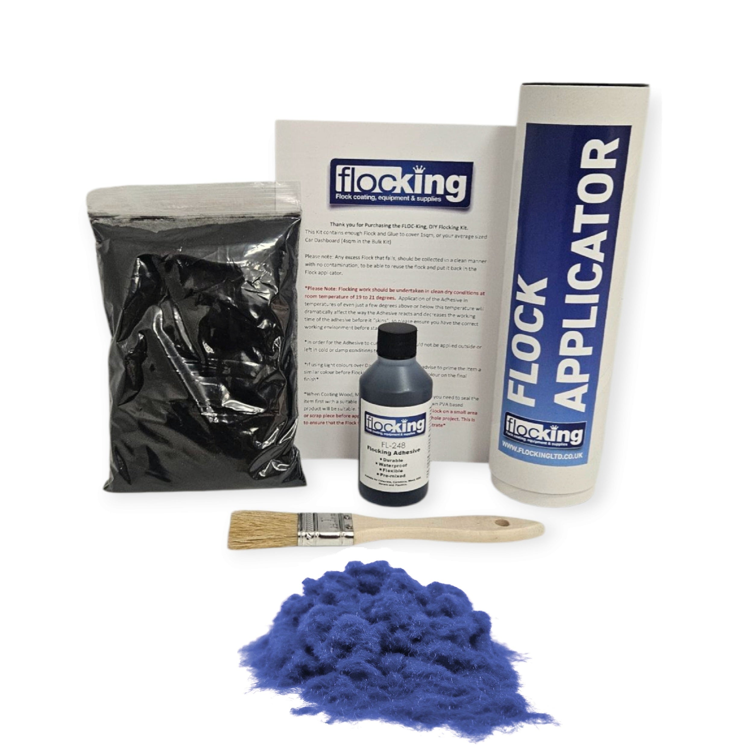 Small DIY Flocking Kit with Flocking Fibres in Royal Blue colour, 50ml Flocking Adhesives pre pigmented to the same colour as the flock, a manual tube flocking applicator, brush and full instruction guide.