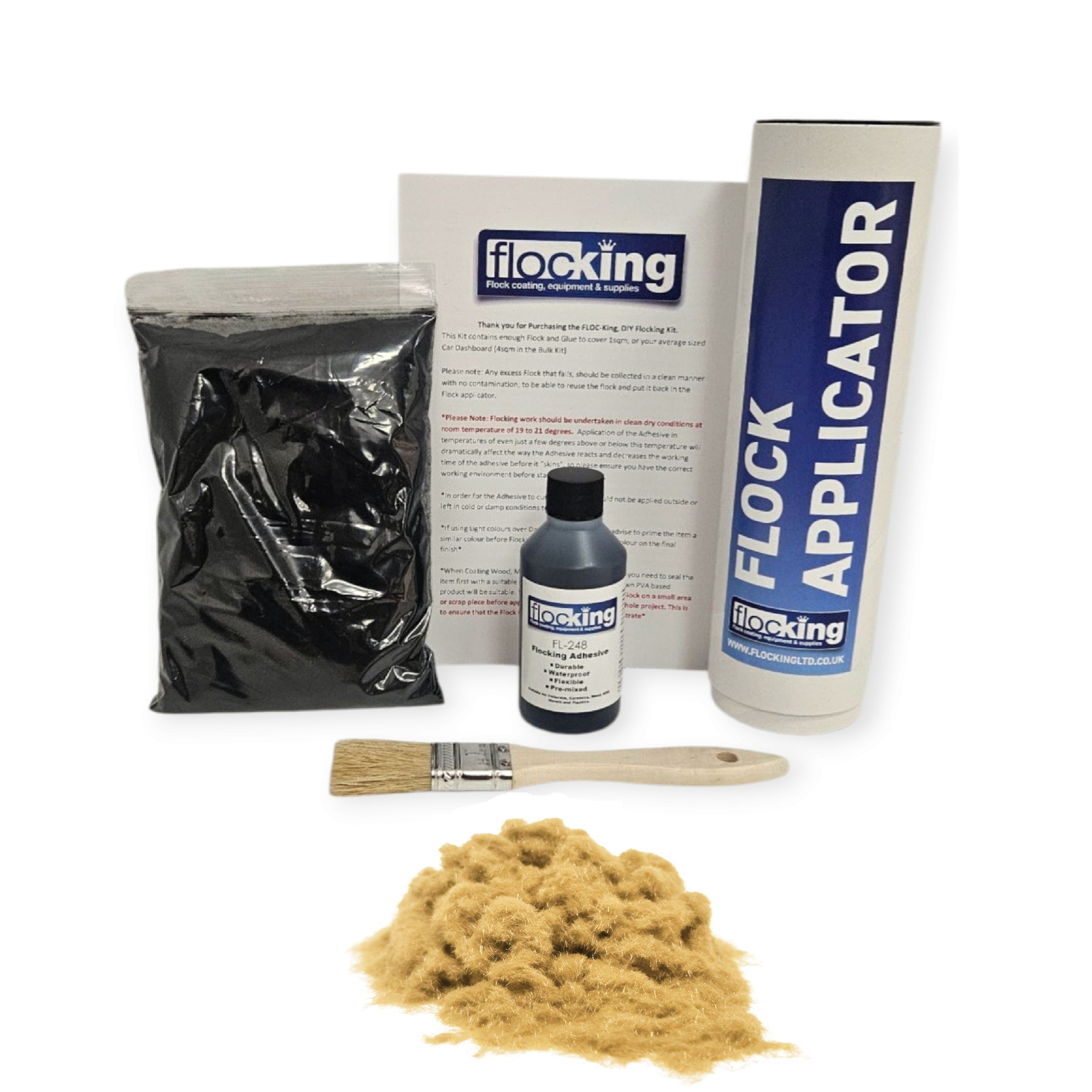Small DIY Flocking Kit with Flocking Fibres in Sand Beige colour, 50ml Flocking Adhesives pre pigmented to the same colour as the flock, a manual tube flocking applicator, brush and full instruction guide. 