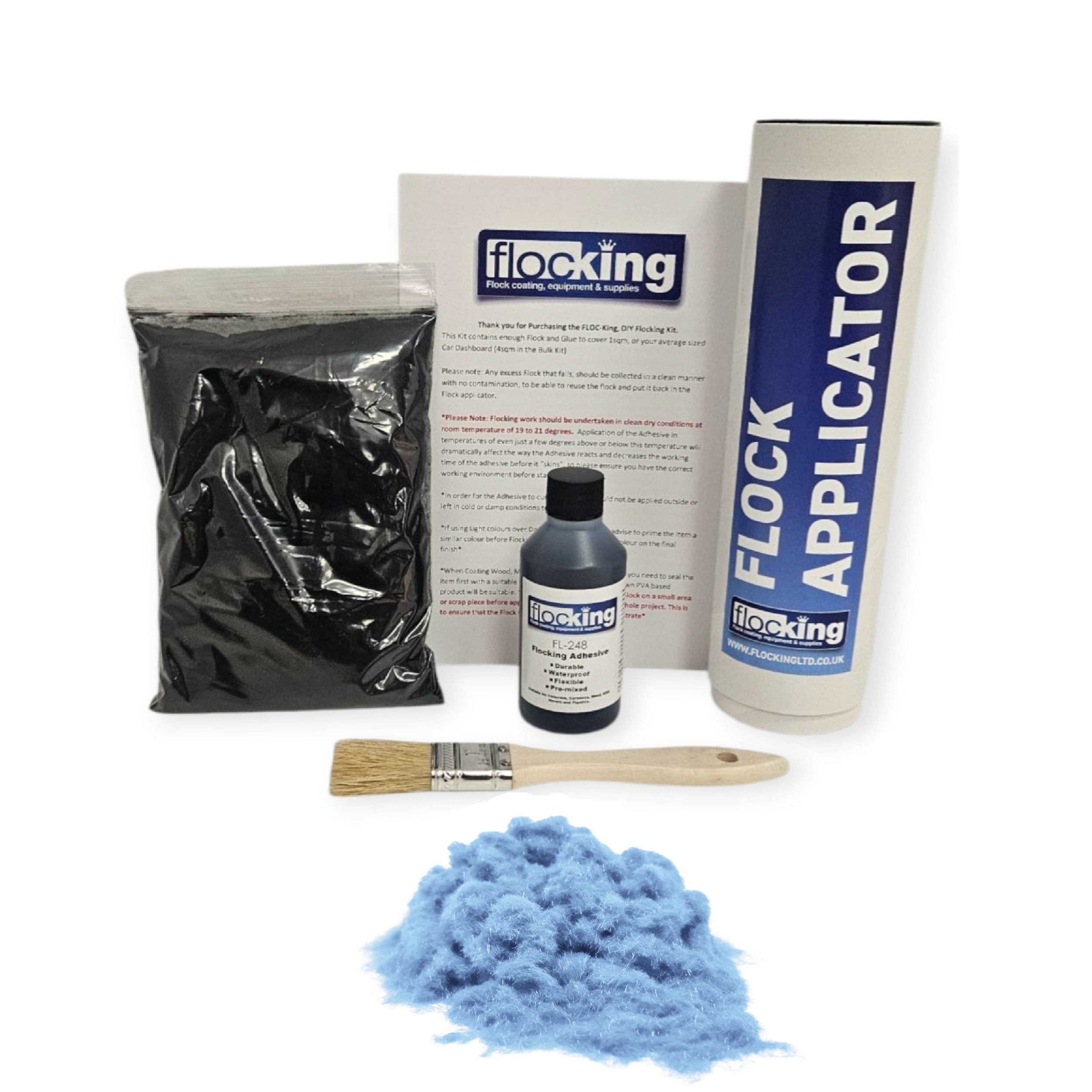 Small DIY Flocking Kit with Flocking Fibres in Sky Blue colour, 50ml Flocking Adhesives pre pigmented to the same colour as the flock, a manual tube flocking applicator, brush and full instruction guide. 