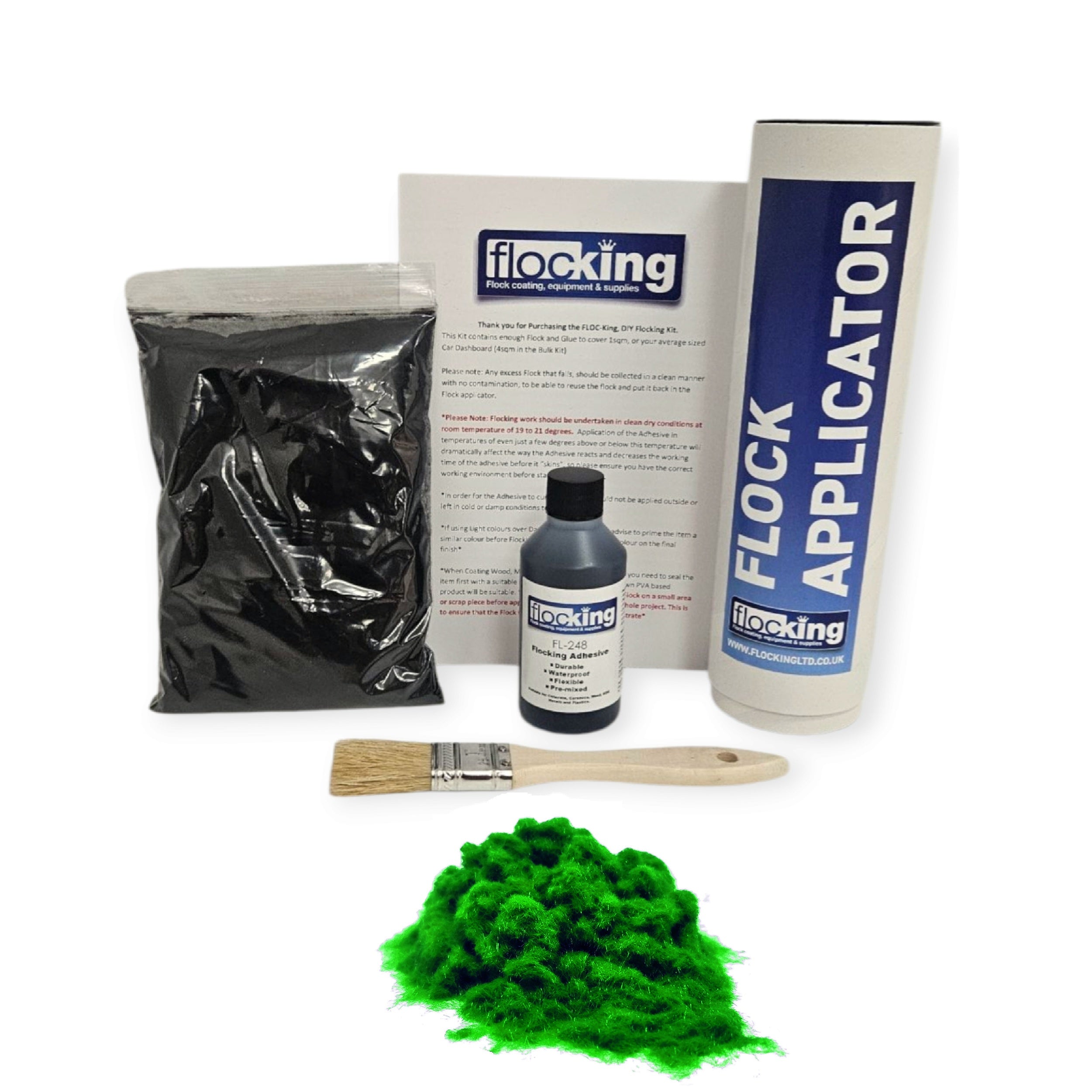 Small DIY Flocking Kit with Flocking Fibres in Snooker Green colour, 50ml Flocking Adhesives pre pigmented to the same colour as the flock, a manual tube flocking applicator, brush and full instruction guide. 
