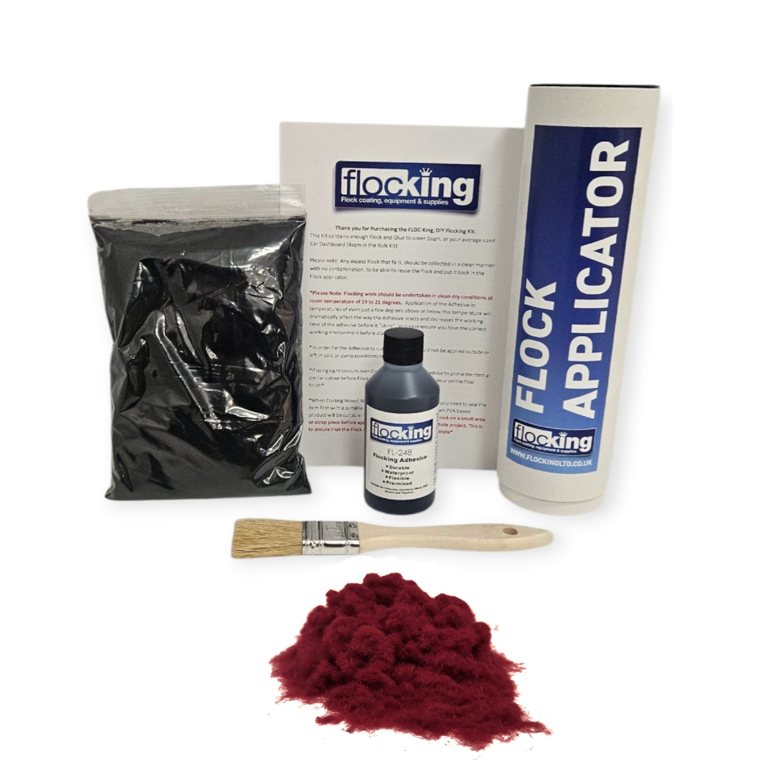 Small DIY Flocking Kit with Flocking Fibres in Wine Red colour, 50ml Flocking Adhesives pre pigmented to the same colour as the flock, a manual tube flocking applicator, brush and full instruction guide. 