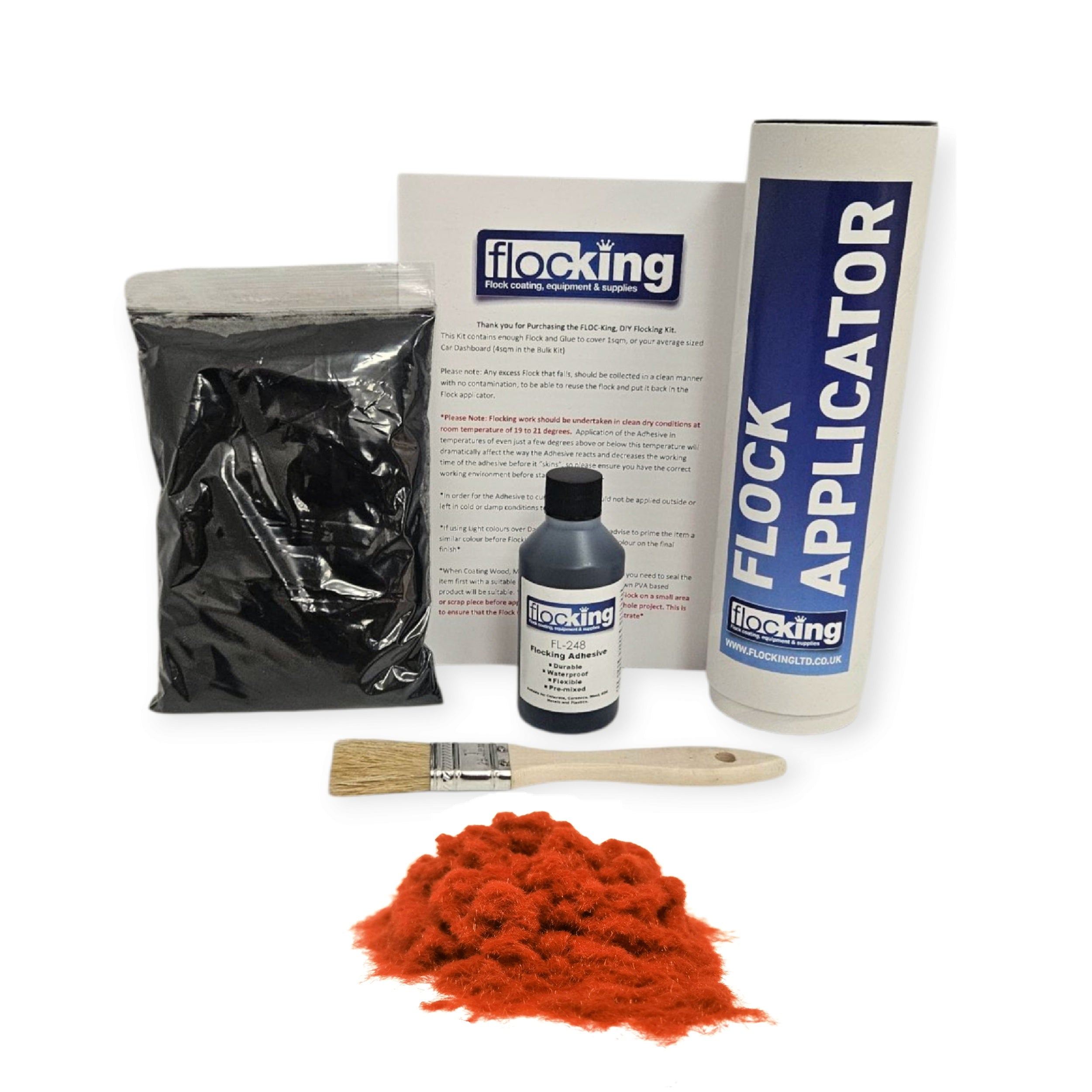 Small DIY Flocking Kit with Flocking Fibres in Burnt Orange colour, 50ml Flocking Adhesives pre pigmented to the same colour as the flock, a manual tube flocking applicator, brush and full instruction guide. 