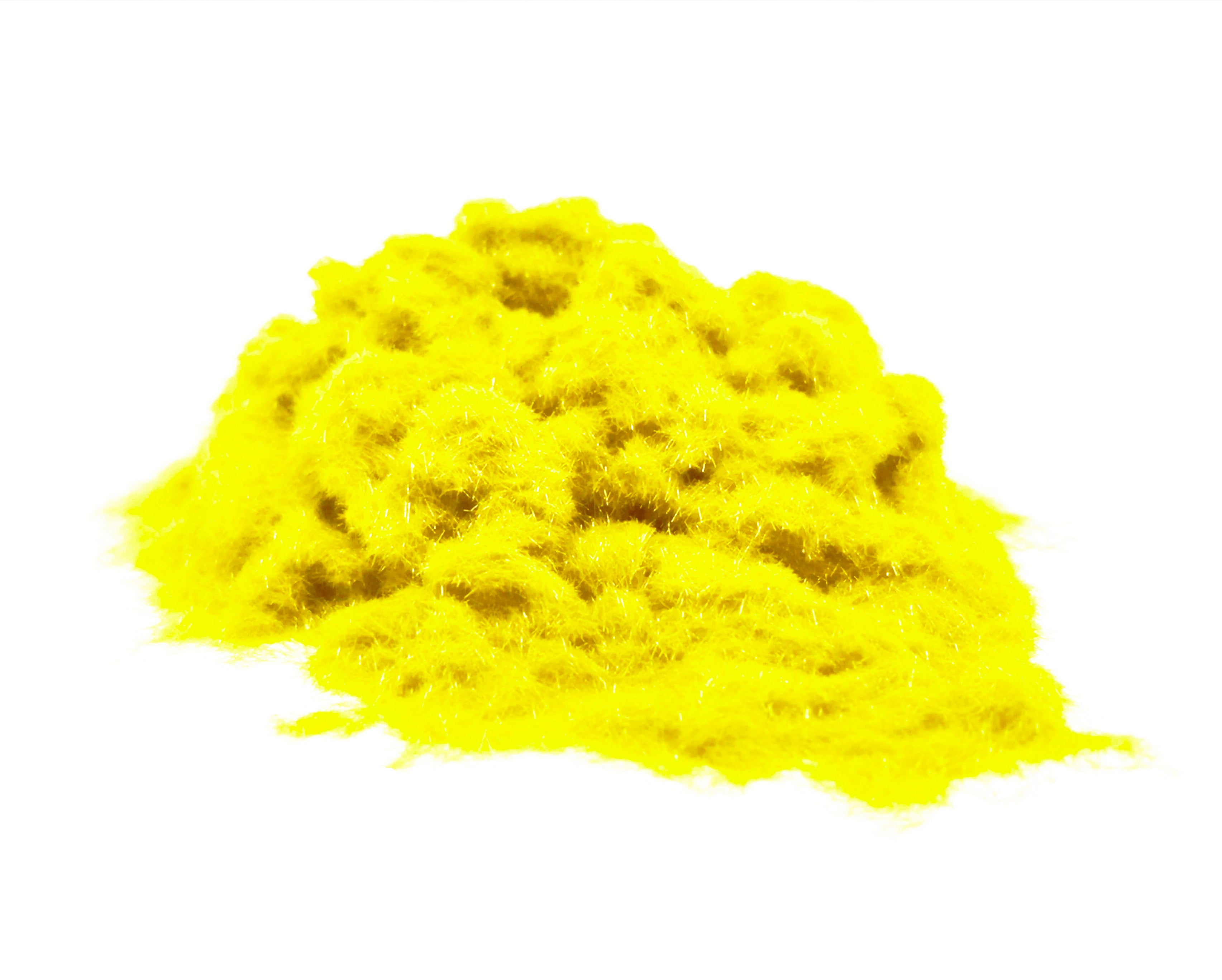 Close-up of a soft, textured pile of Fluorescent Yellow 1mm nylon flock fibres, used for DIY flocking projects.