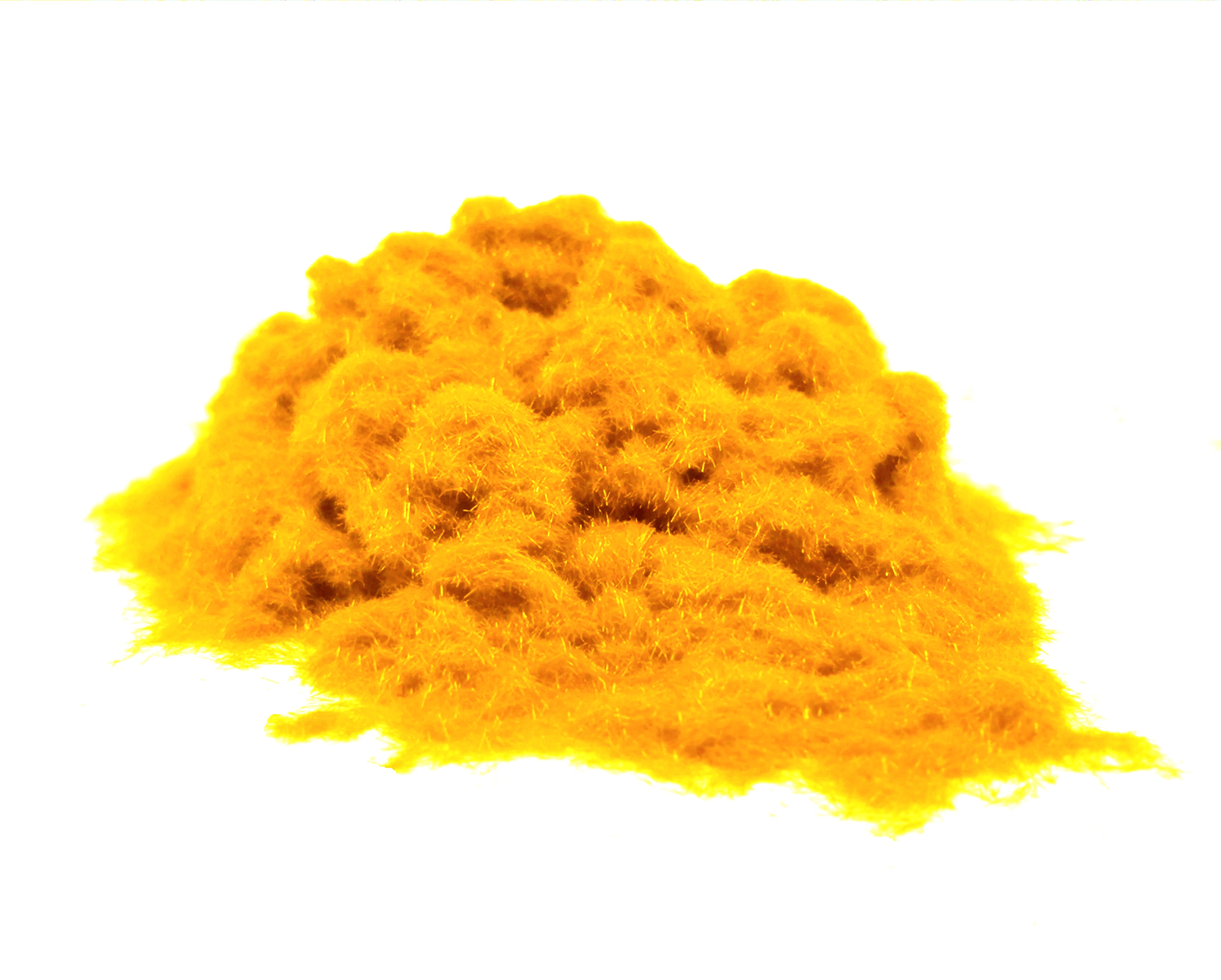 Close-up of a soft, textured pile of Deep Yellow 1mm nylon flock fibres, used for DIY flocking projects.