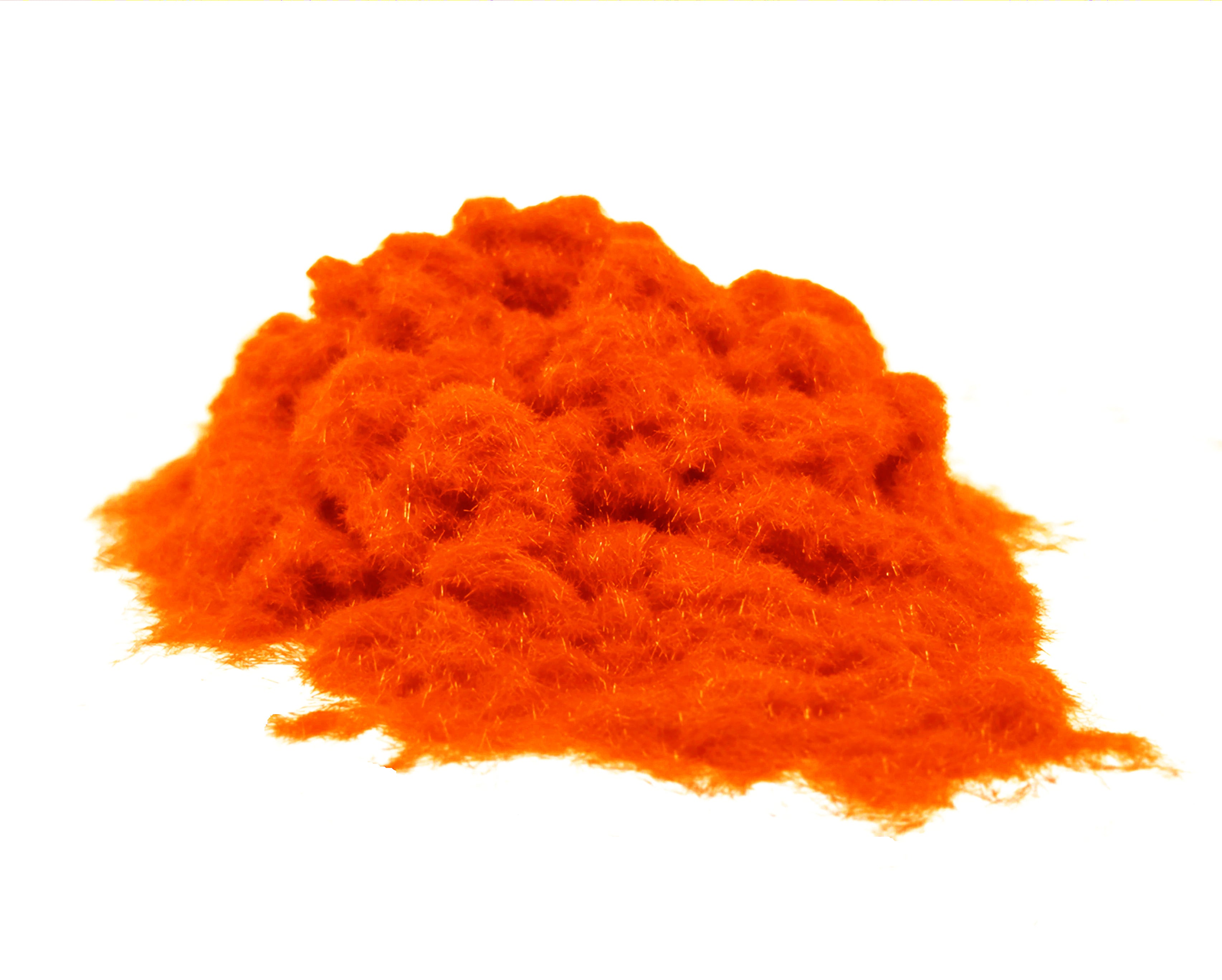 Close-up of a soft, textured pile of Fluorescent Orange 1mm nylon flock fibres, used for DIY flocking projects.