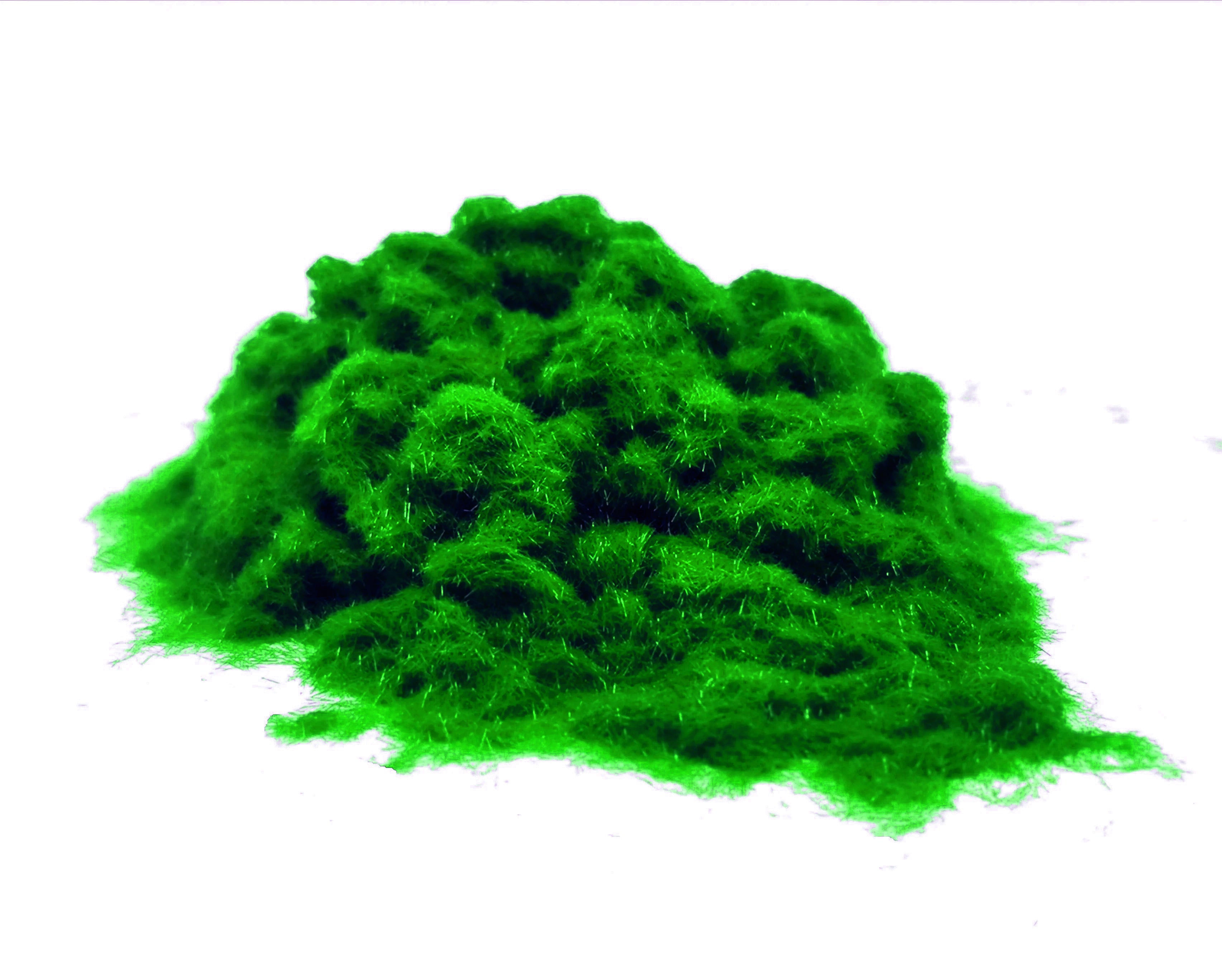 Close-up of a soft, textured pile of Snooker Green 1mm nylon flock fibres, used for DIY flocking projects.