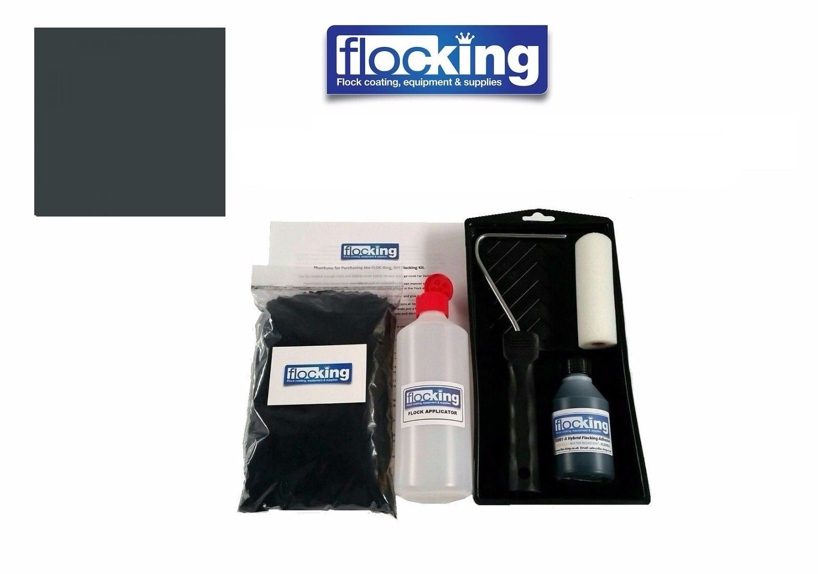 Flocking Kit with 1mm flock Fibres in Metallic Anthracite Grey, a manual pump Flock fibre applicator, Flocking Adhesive Glue pre pigmented to Metallic Anthracite Grey to match flock powder, a 9 inch roller tray with foam roller and a full step by step instruction guide.