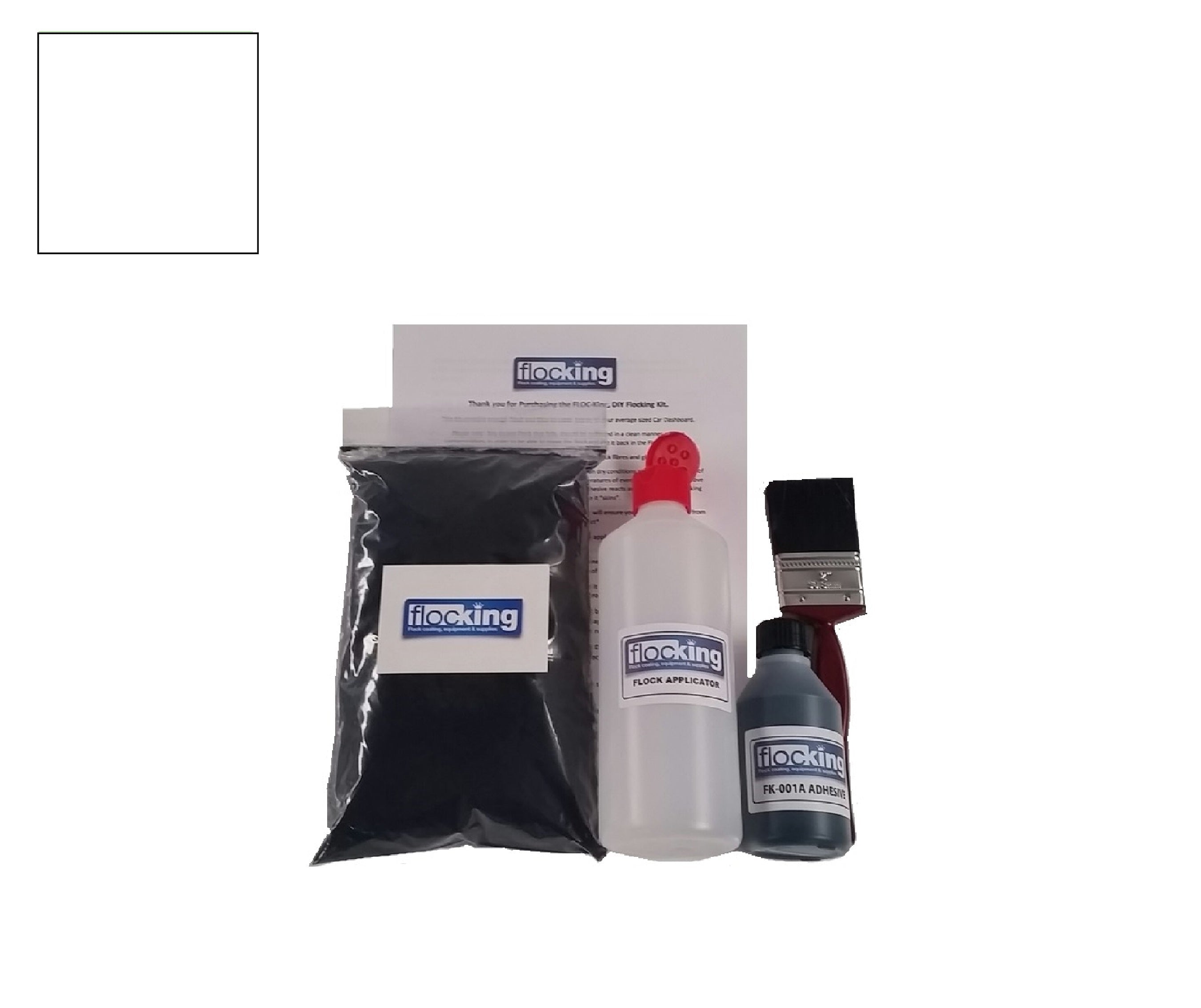 Flocking Kit with Optic White 1mm flock fibres, Pre- Pigmented 1 part White Flocking Adhesive, a manual tube applicator, a paint brush to apply the Glue and full step by step instruction manual.