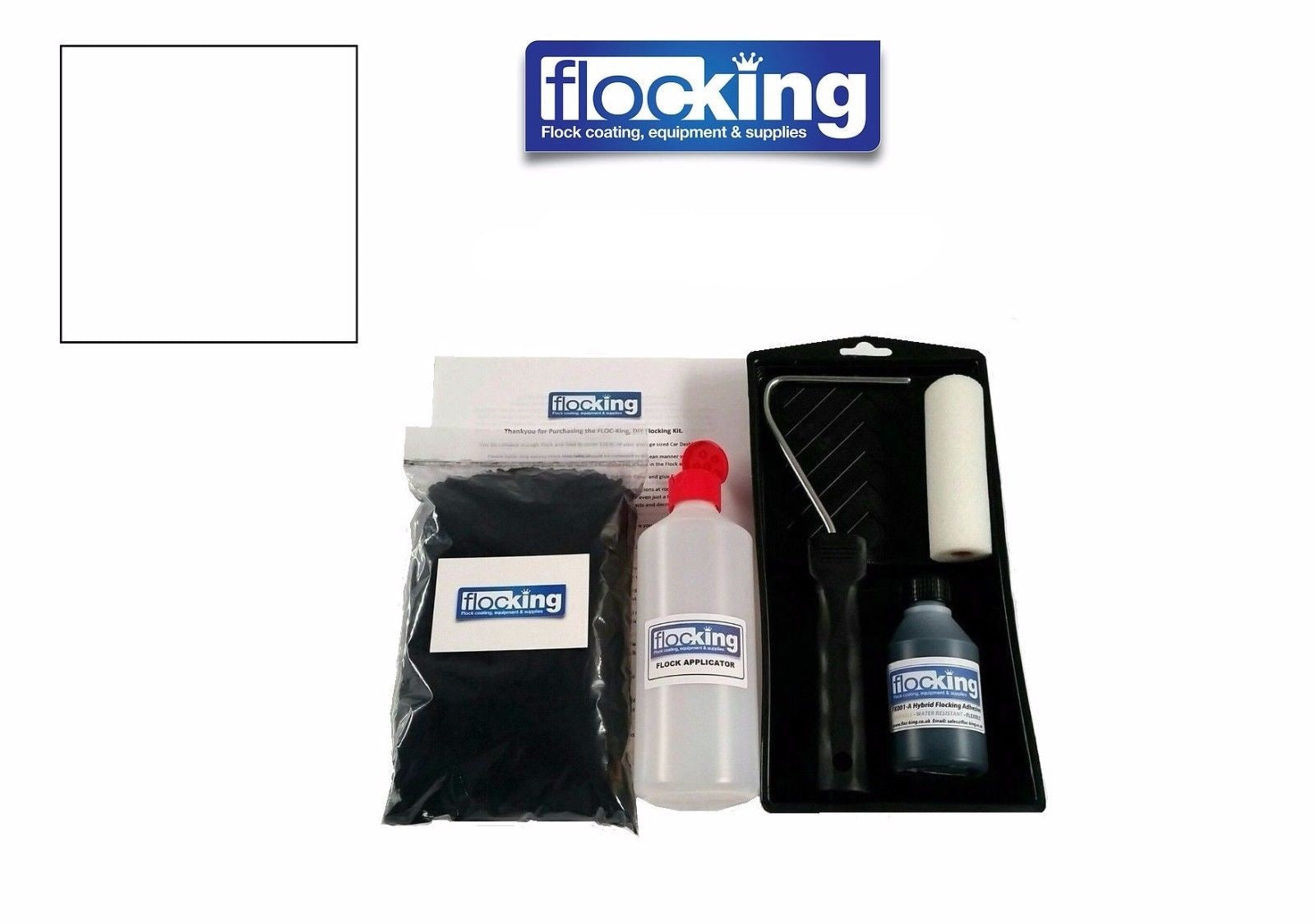 Flocking Kit with 1mm flock Fibres in Optic White, a manual pump Flock fibre applicator, Flocking Adhesive Glue pre pigmented to Optic White to match flock powder, a 9 inch roller tray with foam roller and a full step by step instruction guide.