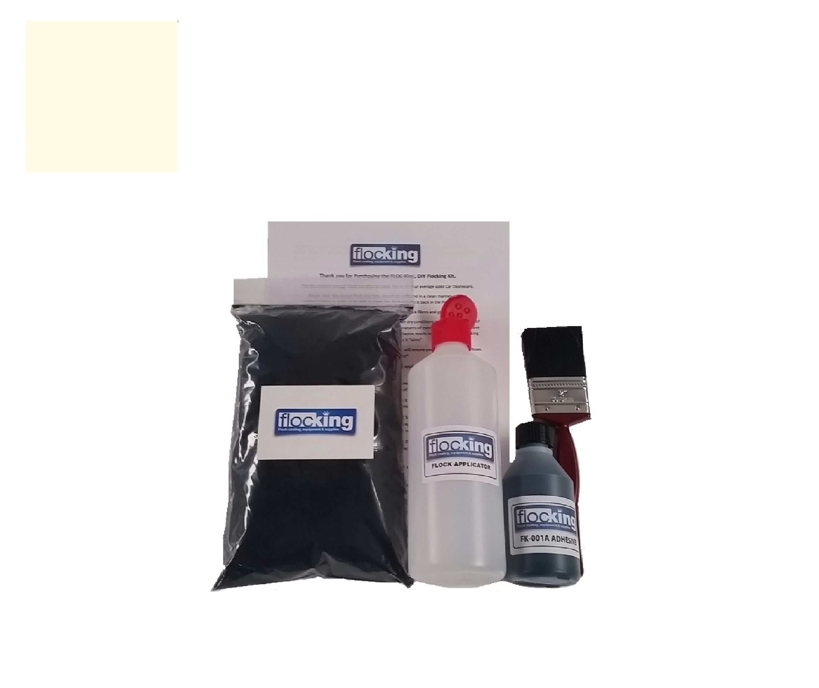 Flocking Kit with Raw white/Cream 1mm flock fibres, Pre- Pigmented 1 part Cream Flocking Adhesive, a manual tube applicator, a paint brush to apply the Glue and full step by step instruction manual.