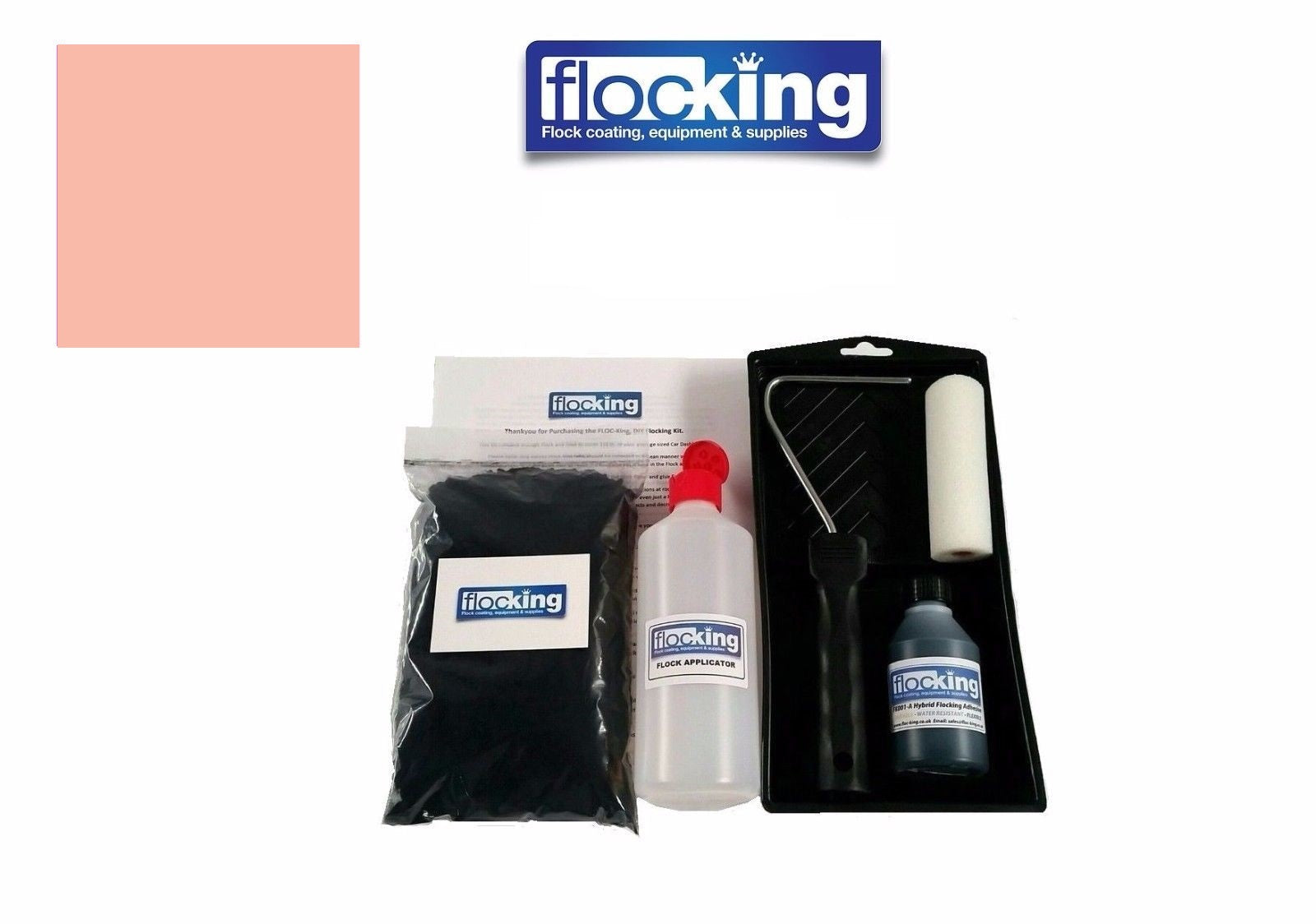 Flocking Kit with 1mm flock Fibres in Rose Pink, a manual pump Flock fibre applicator, Flocking Adhesive Glue pre pigmented to Rose Pink to match flock powder, a 9 inch roller tray with foam roller and a full step by step instruction guide.