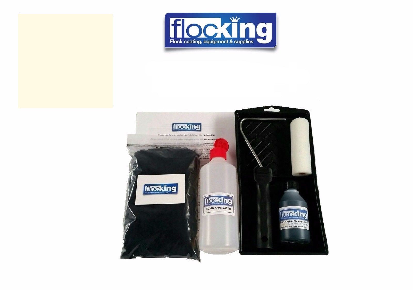 Flocking Kit with 1mm flock Fibres in Raw White/Cream, a manual pump Flock fibre applicator, Flocking Adhesive Glue pre pigmented to Raw White/Cream to match flock powder, a 9 inch roller tray with foam roller and a full step by step instruction guide.
