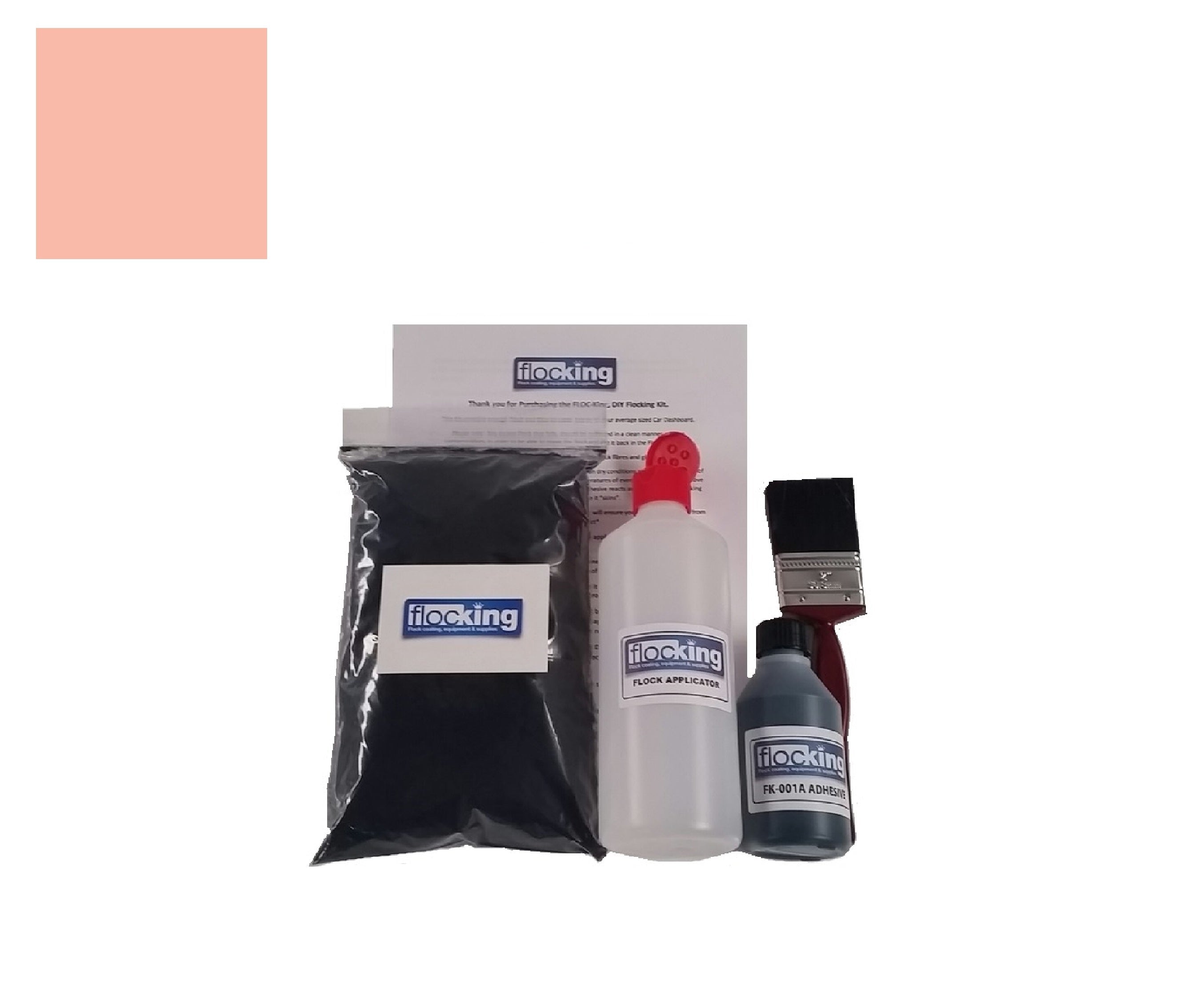DIY Flocking Kit with Rose Pink 1mm flock fibres, Pre-Pigmented 1 part Rose Pink Flocking Adhesive, a manual tube applicator, a paint brush to apply the Glue and full step by step instruction manual.