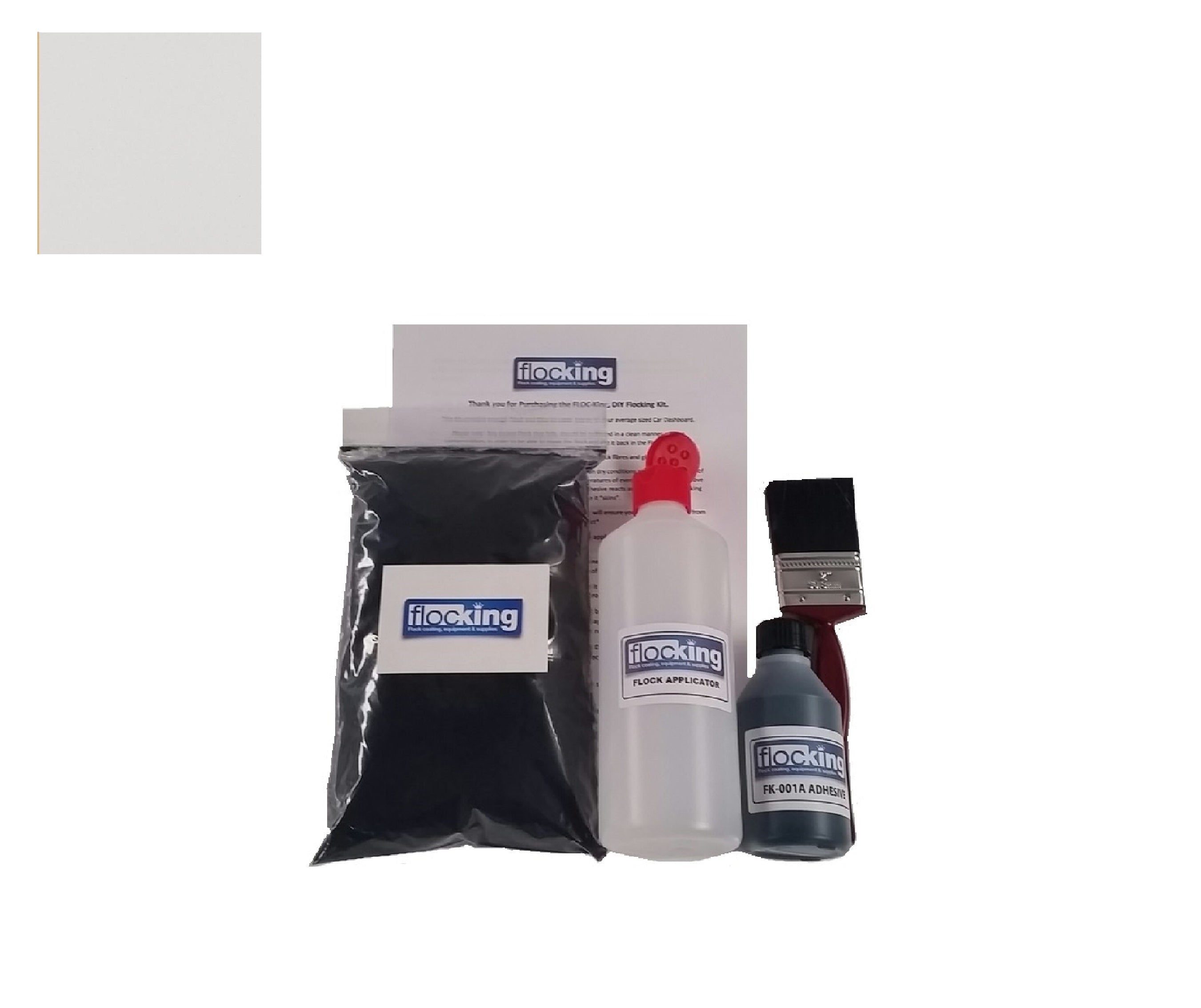 Flocking Kit with Stone Light Grey 1mm flock fibres, Pre- Pigmented 1 part Stone Light Grey Flocking Adhesive, a manual tube applicator, a paint brush to apply the Glue and full step by step instruction manual.