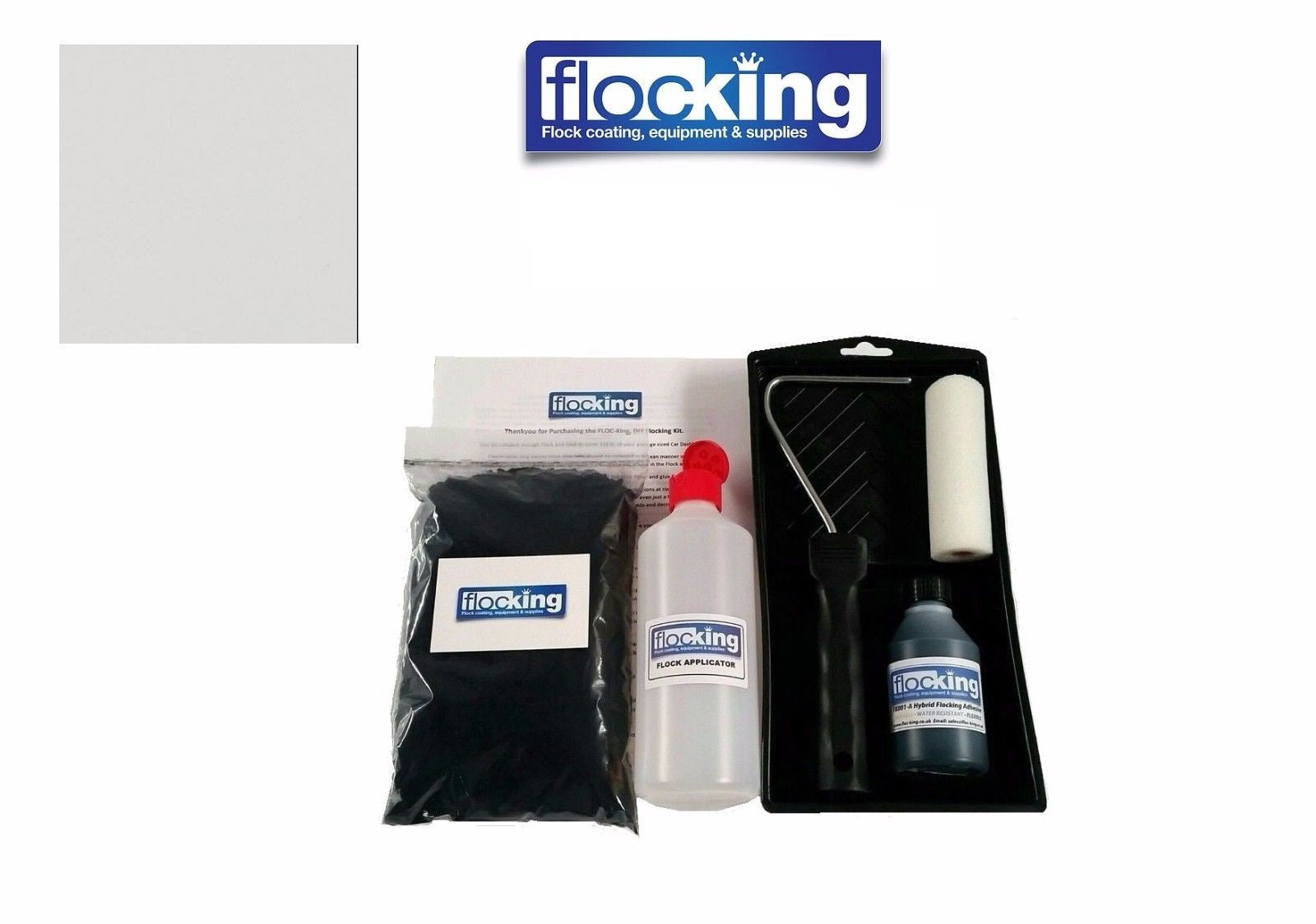 Flocking Kit with 1mm flock Fibres in Stone Light Grey, a manual pump Flock fibre applicator, Flocking Adhesive Glue pre pigmented to Stone Light Grey to match flock powder, a 9 inch roller tray with foam roller and a full step by step instruction guide.