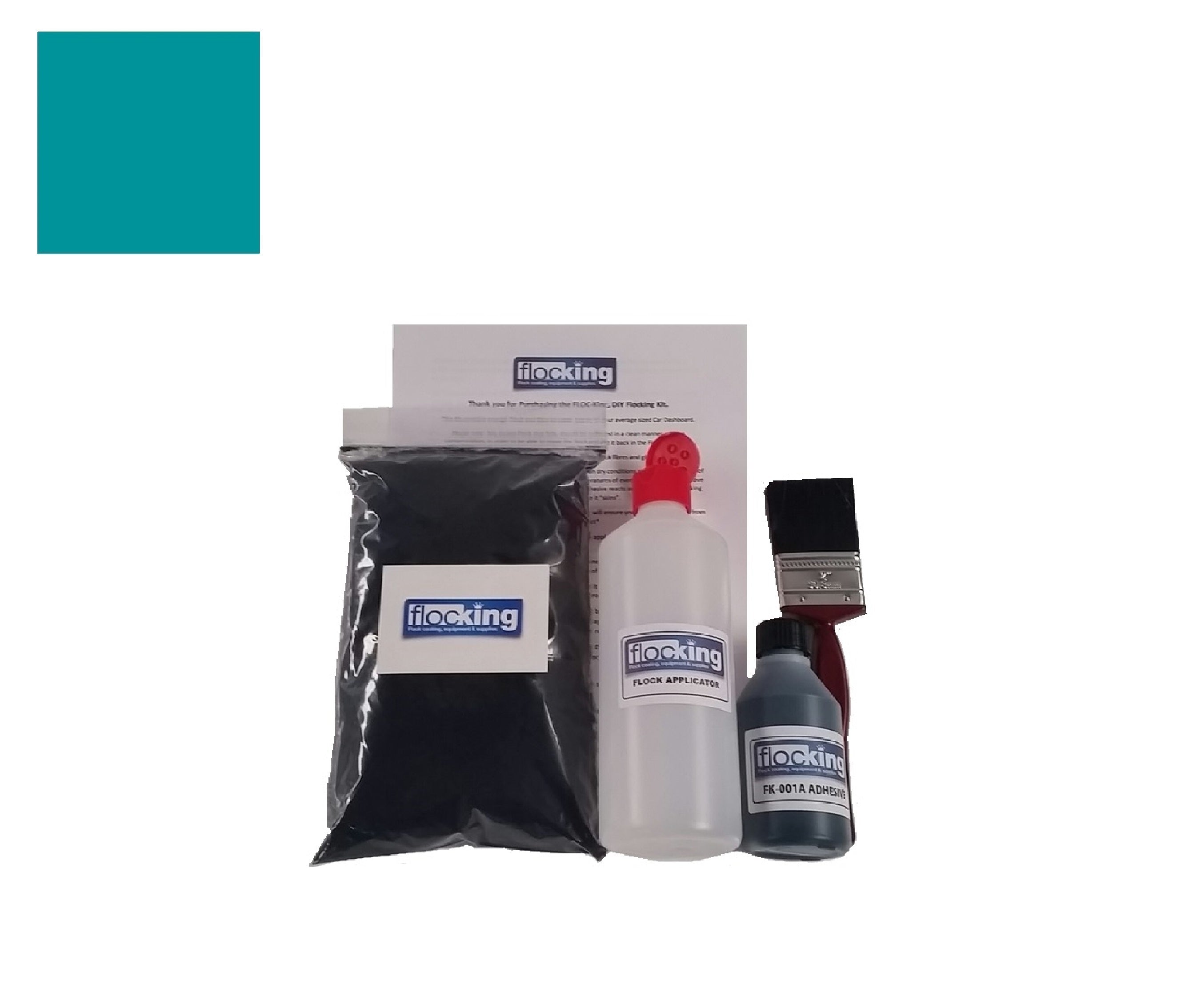 DIY Flocking Kit with Turquoise Blue 1mm flock fibres, Pre-Pigmented 1 part Turquoise Blue Flocking Adhesive, a manual tube applicator, a paint brush to apply the Glue and full step by step instruction manual.
