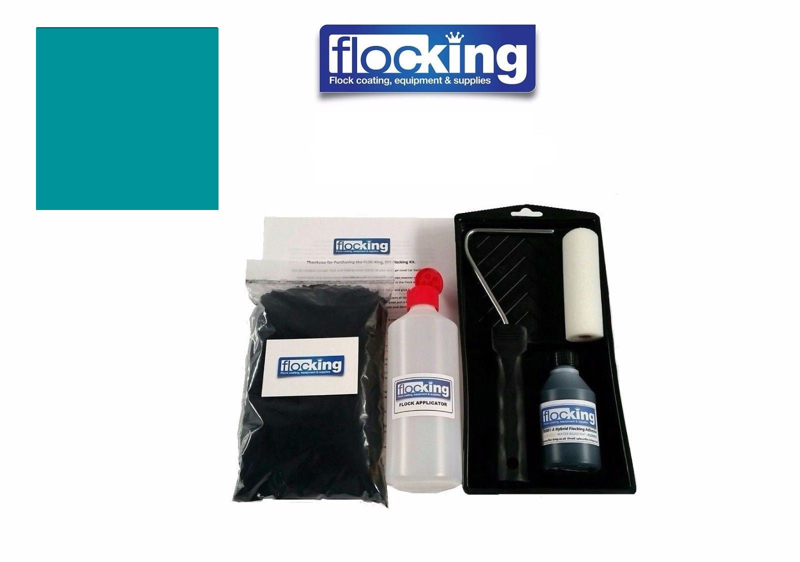 Flocking Kit with 1mm flock Fibres in Turquoise Blue, a manual pump Flock fibre applicator, Flocking Adhesive Glue pre pigmented to Turquoise Blue to match flock powder, a 9 inch roller tray with foam roller and a full step by step instruction guide.